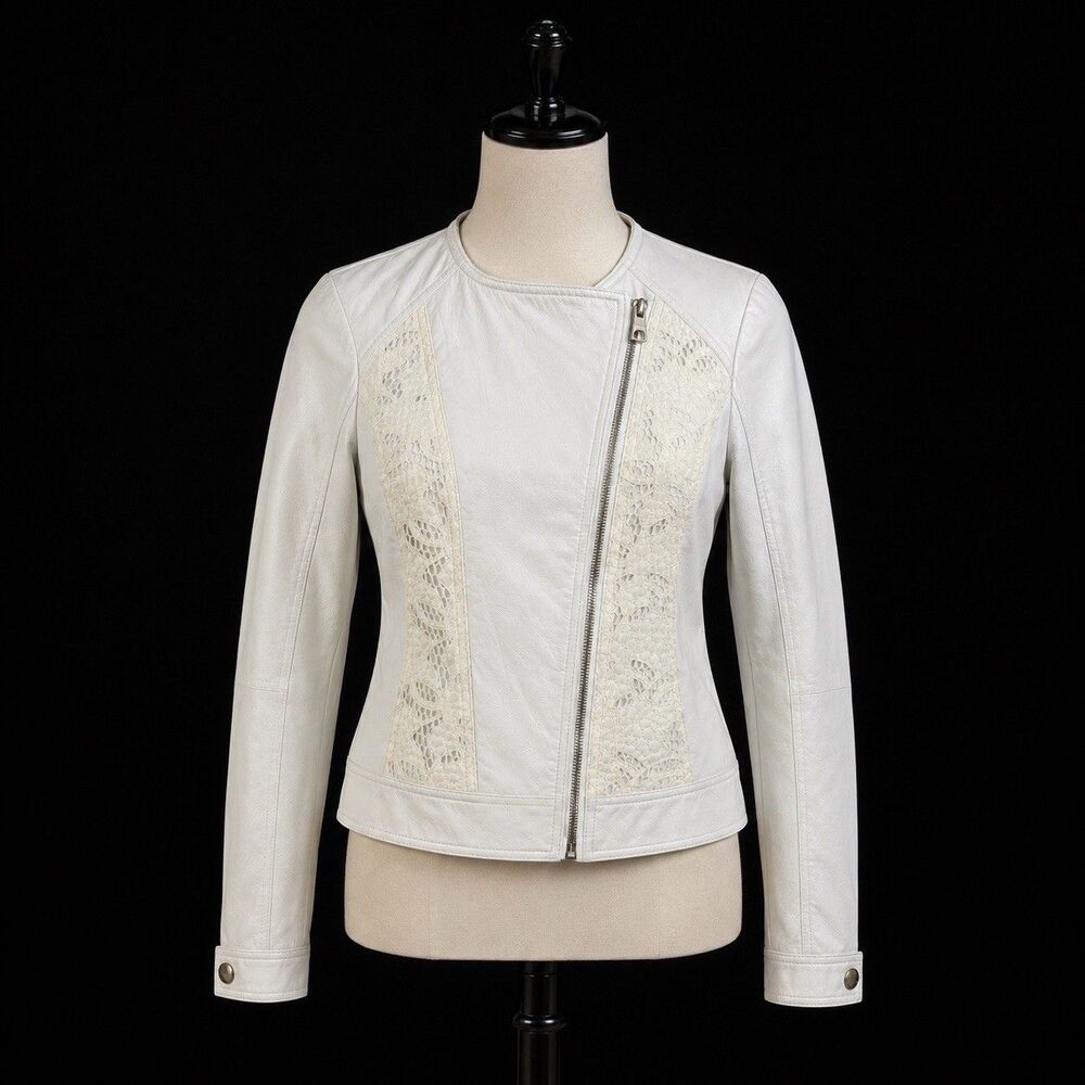 GUESS Callie White Faux Leather Lace Moto Jacket Womens Size S Asymmetric Zip